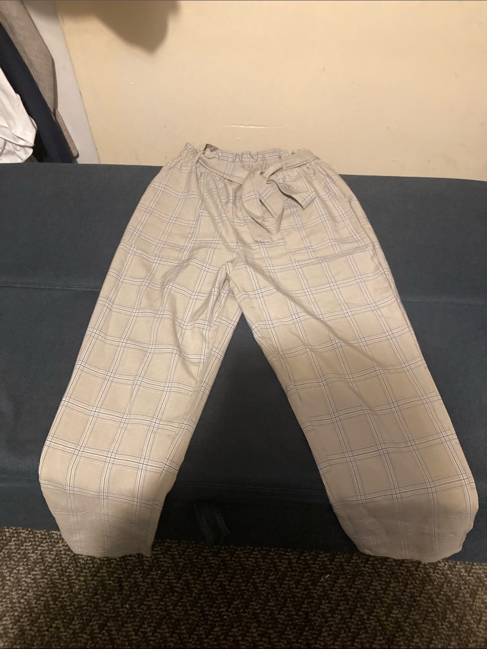 SHEIN Beige Plaid High-Waist Chinos with Tie Belt